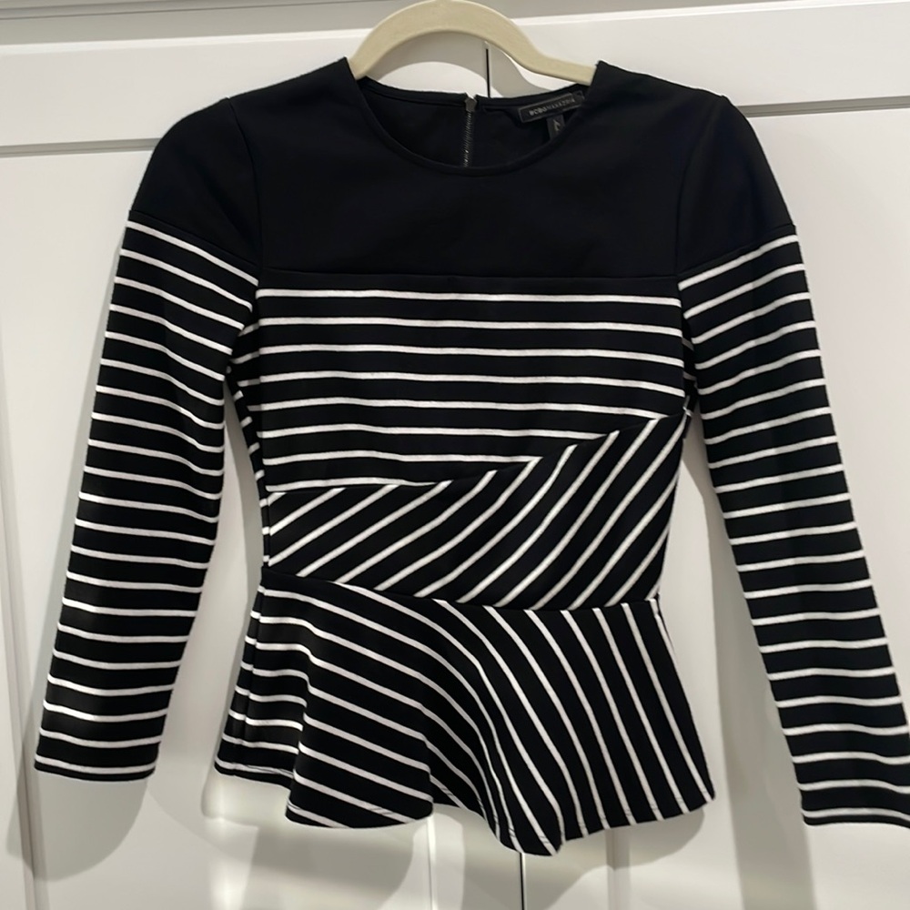 BCBGMAXAZRIA Black and White Stripes Long Sleeve Top XXS